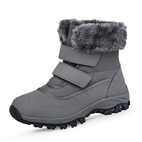 DRECAGE Winterstiefel Wasserdicht Damen Gefüttert Stiefel mit Klettverschluss Boots Schneestiefel Warm Rutschfest Grau 42 EU von DRECAGE