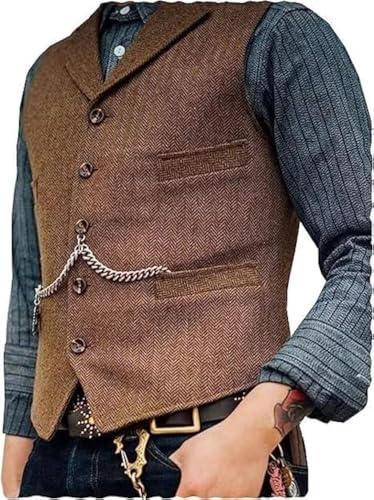 DREFEEL Herren Klassische Woll-Tweed-Anzugweste Lässige Ärmellose Jacke Fischgrätenweste für Smoking, Braun, 5X-Large von DREFEEL