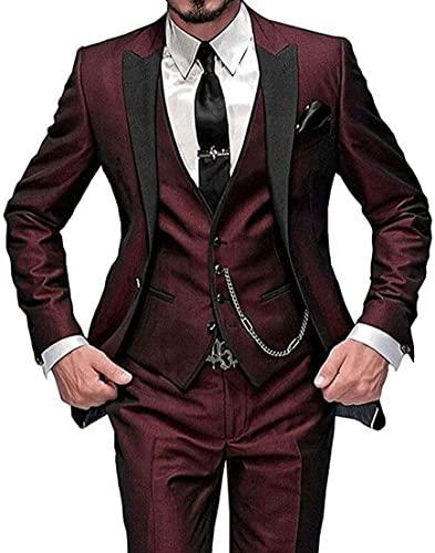 DREFEEL Herren ein Knopf 3 Teile Hochzeitsanzüge Notch Revers Anzüge Bräutigam Smoking (Farbe : Burgund, Größe : 54) von DREFEEL