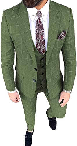 DREFEEL Herrenanzug schlank passt 3 Stücke Plaid dünner Prom Tuxedos Blazer Hochzeitsbräutigams (Farbe : Olive Green, Größe : 60) von DREFEEL