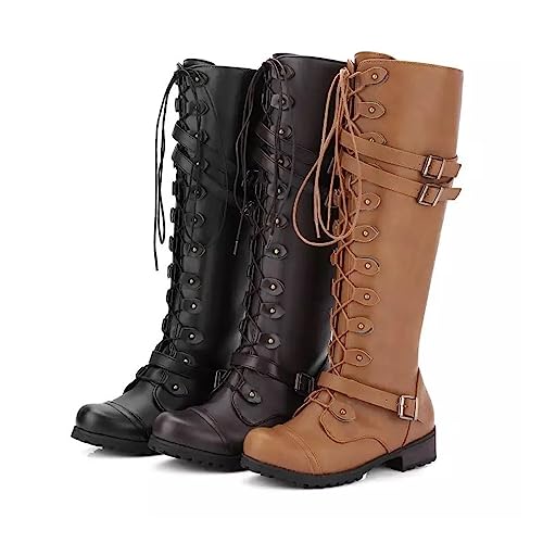 DREMDO 1 Paar Mittelalterliche Schuhe Für Frauen, Wikinger Retro PU Leder Ritterstiefel, Steampunk Einstellbare Schnürsenkel Reitsport Lange Stiefel Schuhe,Deep brown,40 von DREMDO