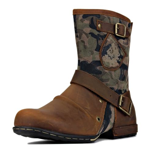 DREMDO 1 Paar Reitstiefel Steampunk Retro PU Leder Ritterstiefel Mit Reißverschluss, Herbst Winter Outdoor Mode Stiefelette Schuhe Für Männer,Braun,44 von DREMDO