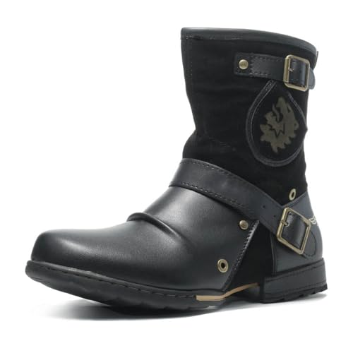 DREMDO 1 Paar Reitstiefel Steampunk Retro PU Leder Ritterstiefel Mit Reißverschluss, Herbst Winter Outdoor Mode Stiefelette Schuhe Für Männer,Schwarz,43 von DREMDO