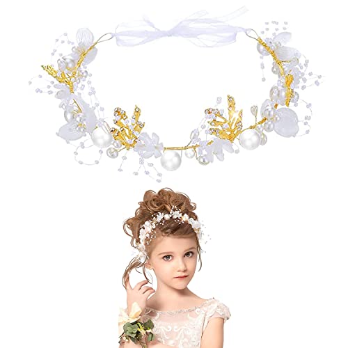 DRERIO Blumenmädchen Stirnband Zarte Kopfkette Perlenstirnband Fee Blumenstirnband Hochzeit Haarbänder Weißer Kopf Ranken Blumenmädchenkrone Haarschmuck für Hochzeit Xmas Festival Mädchen Geschenk von DRERIO