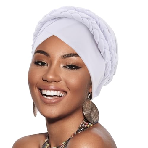 DRESHOW 1 Stück Afrikanischer Damen Turban Doppelt Geflecht Kopfbedeckung Kopftücher Chemo Kappe Vorgebunden Beanie Mütze Kopfwickel Schlafmütze von DRESHOW