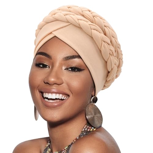 DRESHOW 1 Stück Afrikanischer Damen Turban Doppelt Geflecht Kopfbedeckung Kopftücher Chemo Kappe Vorgebunden Beanie Mütze Kopfwickel Schlafmütze von DRESHOW
