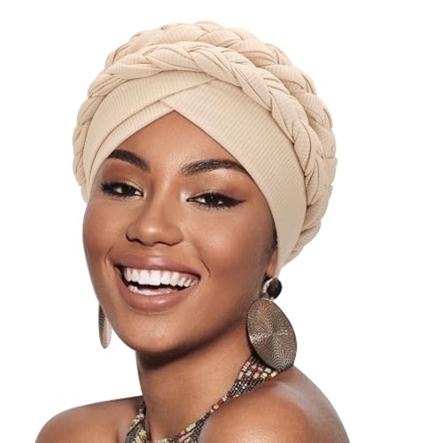 DRESHOW 1 Stück Afrikanischer Damen Turban Doppelt Geflecht Kopfbedeckung Kopftücher Chemo Kappe Vorgebunden Beanie Mütze Kopfwickel Schlafmütze von DRESHOW
