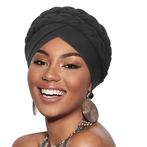 DRESHOW 1 Stück Afrikanischer Damen Turban Doppelt Geflecht Kopfbedeckung Kopftücher Chemo Kappe Vorgebunden Beanie Mütze Kopfwickel Schlafmütze von DRESHOW