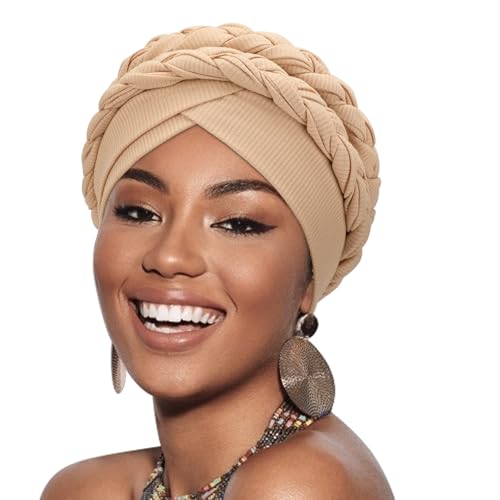 DRESHOW 1 Stück Afrikanischer Damen Turban Doppelt Geflecht Kopfbedeckung Kopftücher Chemo Kappe Vorgebunden Beanie Mütze Kopfwickel Schlafmütze von DRESHOW