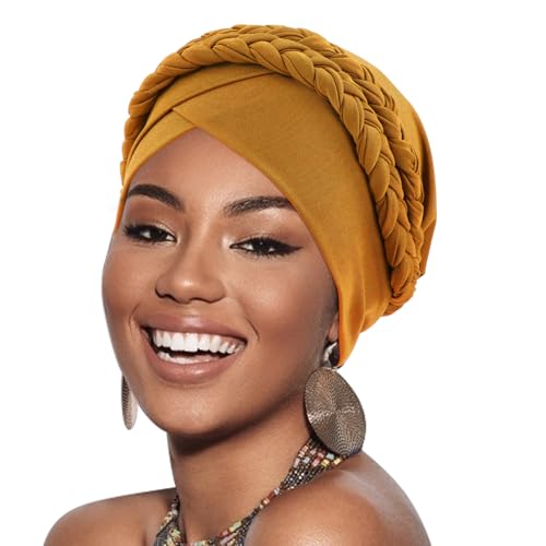 DRESHOW 1 Stück Afrikanischer Damen Turban Doppelt Geflecht Kopfbedeckung Kopftücher Chemo Kappe Vorgebunden Beanie Mütze Kopfwickel Schlafmütze von DRESHOW