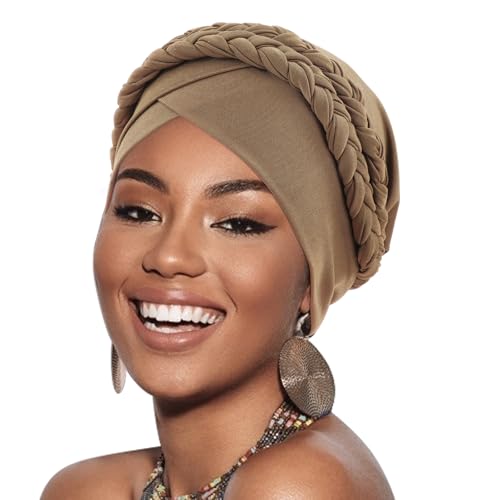 DRESHOW 1 Stück Afrikanischer Damen Turban Doppelt Geflecht Kopfbedeckung Kopftücher Chemo Kappe Vorgebunden Beanie Mütze Kopfwickel Schlafmütze von DRESHOW