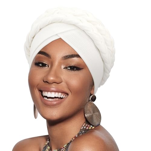 DRESHOW 1 Stück Afrikanischer Damen Turban Doppelt Geflecht Kopfbedeckung Kopftücher Chemo Kappe Vorgebunden Beanie Mütze Kopfwickel Schlafmütze von DRESHOW