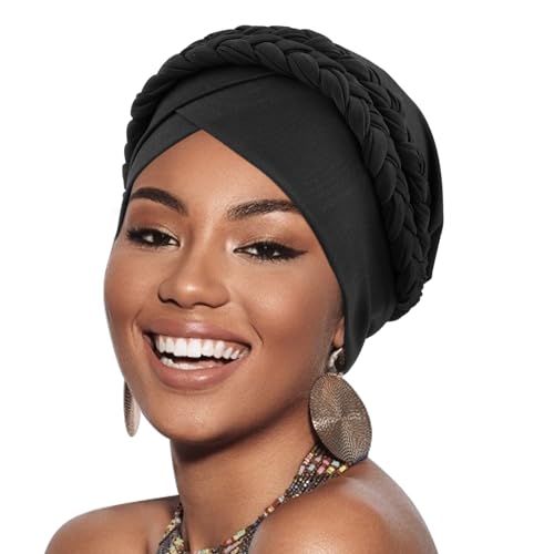 DRESHOW 1 Stück Afrikanischer Damen Turban Doppelt Geflecht Kopfbedeckung Kopftücher Chemo Kappe Vorgebunden Beanie Mütze Kopfwickel Schlafmütze von DRESHOW