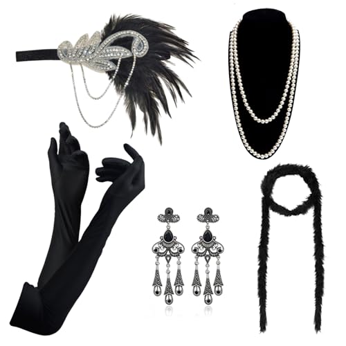 DRESHOW 1920s Flapper Accessoires Set Damen Kostüm Gatsby Feder Lange Halskette Handschuhe Stirnband Funkelnde Ohrringe von DRESHOW