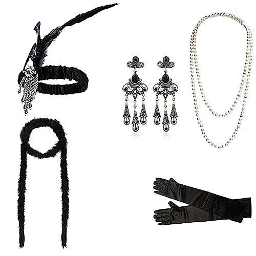 DRESHOW 1920s Flapper Accessoires Set Damen Kostüm Gatsby Feder Lange Halskette Handschuhe Stirnband Funkelnde Ohrringe von DRESHOW