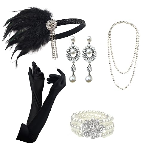 DRESHOW 1920s Flapper Accessoires Set Damen Kostüm Gatsby Feder Lange Halskette Handschuhe Stirnband Funkelnde Ohrringe von DRESHOW