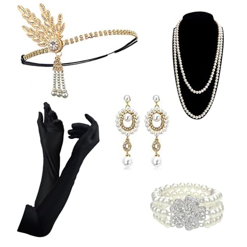 DRESHOW 1920s Flapper Accessoires Set Damen Kostüm Gatsby Feder Lange Halskette Handschuhe Stirnband Funkelnde Ohrringe von DRESHOW