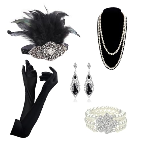 DRESHOW 1920s Flapper Accessoires Set Damen Kostüm Gatsby Feder Lange Halskette Handschuhe Stirnband Funkelnde Ohrringe von DRESHOW