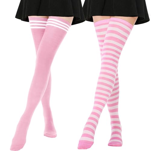 DRESHOW 2 Paar Damen Extra Lange Socken Überknie Lange Kniestrümpfe Overknee Strümpfe Retro Schüler Überknie Strick Socken von DRESHOW