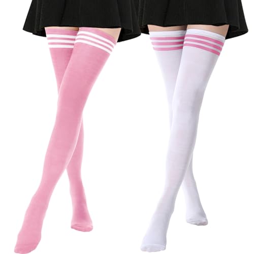 DRESHOW 2 Paar Damen Extra Lange Socken Überknie Lange Kniestrümpfe Overknee Strümpfe Retro Schüler Überknie Strick Socken von DRESHOW