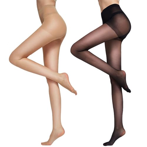 DRESHOW 2 Paare Damen Reines Hoch Taille Strumpfhose 20D Strumpfhosen mit Kontrolle Top und Verstärktem Zehen von DRESHOW