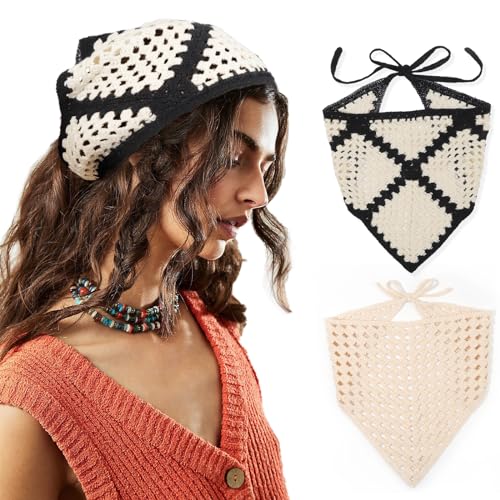 DRESHOW 2 Stück Damen Boho Stirnbänder Dreieck Kopftücher Bandanas Turban Krawatte Haarbänder Elastisches Haarschal für Damen und Mädchen von DRESHOW