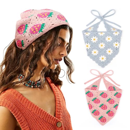 DRESHOW 2 Stück Damen Boho Stirnbänder Dreieck Kopftücher Bandanas Turban Krawatte Haarbänder Elastisches Haarschal für Damen und Mädchen von DRESHOW