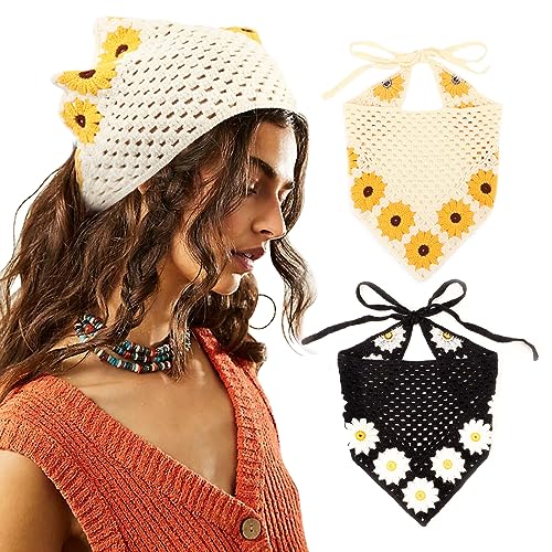 DRESHOW 2 Stück Damen Boho Stirnbänder Dreieck Kopftücher Bandanas Turban Krawatte Haarbänder Elastisches Haarschal für Damen und Mädchen von DRESHOW