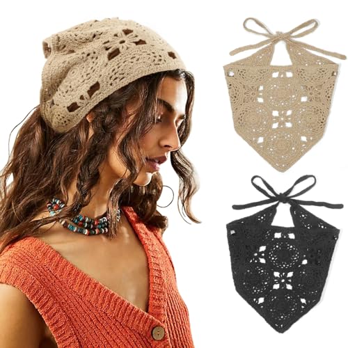 DRESHOW 2 Stück Damen Boho Stirnbänder Dreieck Kopftücher Bandanas Turban Krawatte Haarbänder Elastisches Haarschal für Damen und Mädchen von DRESHOW