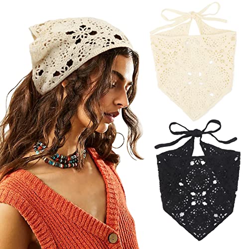 DRESHOW 2 Stück Damen Boho Stirnbänder Dreieck Kopftücher Bandanas Turban Krawatte Haarbänder Elastisches Haarschal für Frauen und Mädchen von DRESHOW