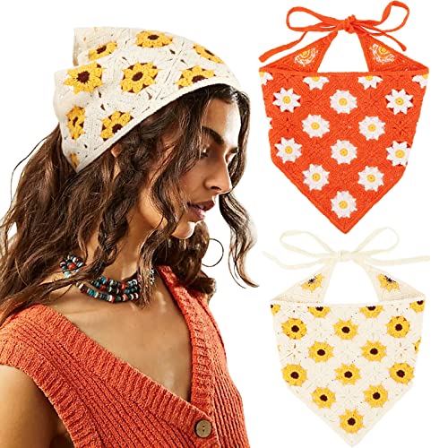 DRESHOW 2 Stück Damen Boho Stirnbänder Dreieck Kopftücher Bandanas Turban Krawatte Haarbänder Elastisches Haarschal für Damen und Mädchen von DRESHOW