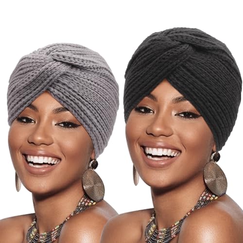 DRESHOW 2 Stücke Afrikanischen Turban für Damen Soft Vorgebunden Knot Mode Plissee Turban Hut Mütze Kopfwickel Schlafmütze von DRESHOW