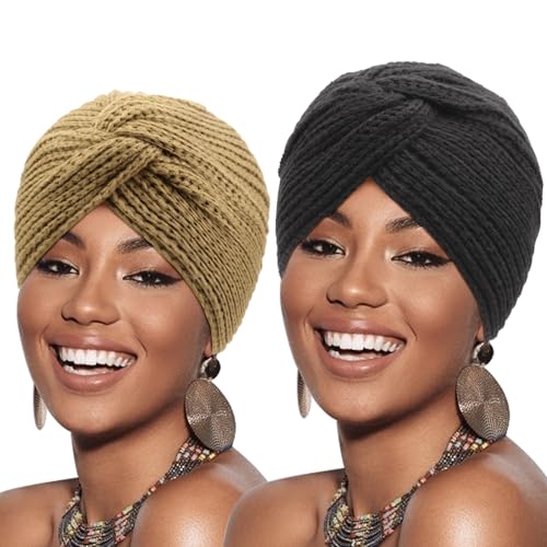 DRESHOW 2 Stücke Afrikanischen Turban für Damen Soft Vorgebunden Knot Mode Plissee Turban Hut Mütze Kopfwickel Schlafmütze von DRESHOW