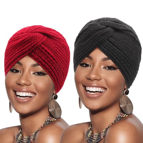 DRESHOW 2 Stücke Afrikanischen Turban für Damen Soft Vorgebunden Knot Mode Plissee Turban Hut Mütze Kopfwickel Schlafmütze von DRESHOW
