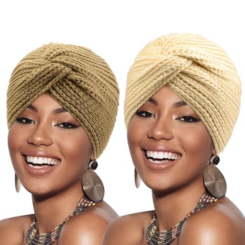 DRESHOW 2 Stücke Afrikanischen Turban für Damen Soft Vorgebunden Knot Mode Plissee Turban Hut Mütze Kopfwickel Schlafmütze von DRESHOW