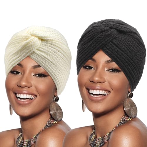 DRESHOW 2 Stücke Afrikanischen Turban für Damen Soft Vorgebunden Knot Mode Plissee Turban Hut Mütze Kopfwickel Schlafmütze von DRESHOW