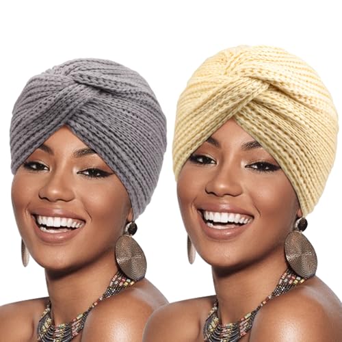 DRESHOW 2 Stücke Afrikanischen Turban für Damen Soft Vorgebunden Knot Mode Plissee Turban Hut Mütze Kopfwickel Schlafmütze von DRESHOW