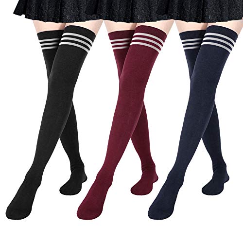 DRESHOW 3 Paar Damen Extra Lange Socken Überknie Kniestrümpfe Overknee Strümpfe Lange Gestreifte Socken Lässige Hoch Booten Strümpfe von DRESHOW