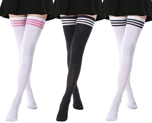 DRESHOW 3 Paar Damen Extra Lange Socken Überknie Kniestrümpfe Overknee Strümpfe Lange Gestreifte Socken Lässige Hoch Booten Strümpfe von DRESHOW