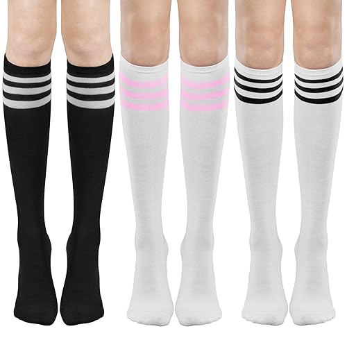 DRESHOW 3 Paar Damen Mädchen Kniestrümpfe Sportsocken Strümpfe Strümpfe Laufsocken Volleyball Cosplay Streifen Strumpf von DRESHOW