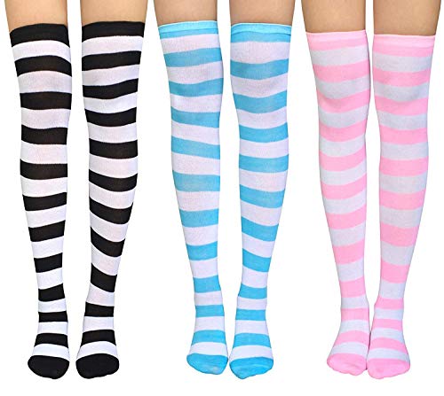 DRESHOW 3 Paar Damen Überknie Kniestrümpfe Overknee Strümpfe Lange Gestreifte Socken Schüler Knitting Sportsocken von DRESHOW