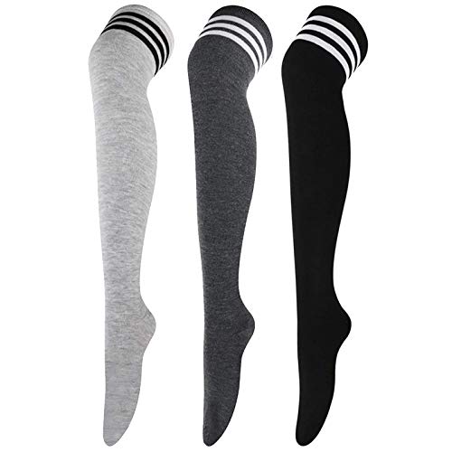 DRESHOW 3 Paar Damen Überknie Kniestrümpfe Overknee Strümpfe Lange Gestreifte Socken Schüler Knitting Sportsocken von DRESHOW