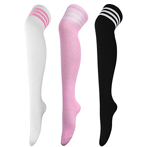 DRESHOW 3 Paar Damen Überknie Kniestrümpfe Overknee Strümpfe Lange Gestreifte Socken Schüler Knitting Sportsocken von DRESHOW