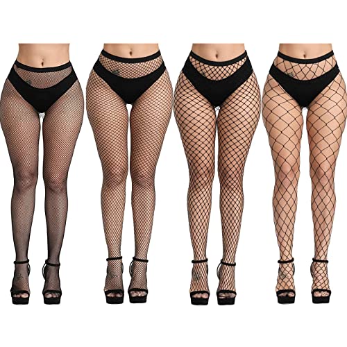 DRESHOW 4 Stück Fishnet Strümpfe Strumpfhosen Nutzstrumpfhose für Damen Netzstrümpfe Schwarz von DRESHOW