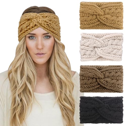 DRESHOW 4 Stück Damen Gestrickt Stirnband Winter Strick Breite Kopfband Elastische Haarband Stirnband Häkelarbeit Ohr Wärmer Damen von DRESHOW