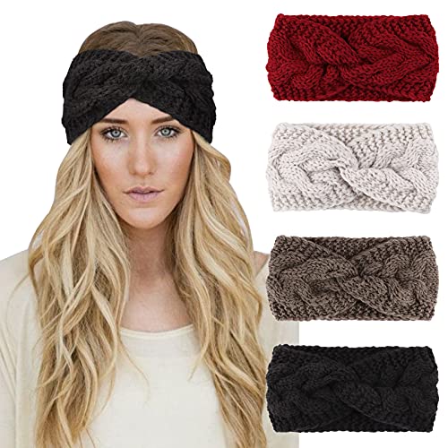 DRESHOW 4 Stück Damen Gestrickt Stirnband Winter Strick Breite Kopfband Elastische Haarband Stirnband Häkelarbeit Ohr Wärmer Damen von DRESHOW