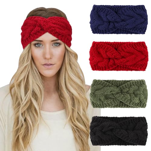 DRESHOW 4 Stück Damen Gestrickt Stirnband Winter Strick Breite Kopfband Elastische Haarband Stirnband Häkelarbeit Ohr Wärmer Damen von DRESHOW