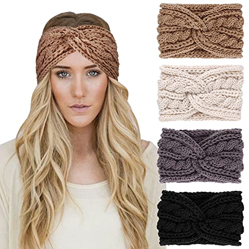 DRESHOW 4 Stück Damen Gestrickt Stirnband Winter Strick Breite Kopfband Elastische Haarband Stirnband Häkelarbeit Ohr Wärmer Damen von DRESHOW