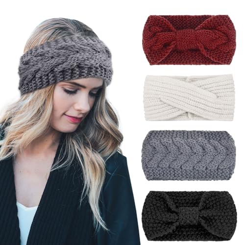 DRESHOW 4 Stück Damen Gestrickt Stirnband Winter Strick Breite Kopfband Elastische Haarband Stirnband Häkelarbeit Ohr Wärmer Damen von DRESHOW