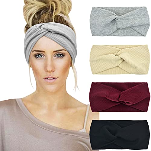 DRESHOW 4 Stück Damen Stirnband Elastische Weiche Stirnbänder Kopfband Haarband Kopf Wickeln Niedlich Haarschmuck für Alltag Yoga Sport Fitness von DRESHOW